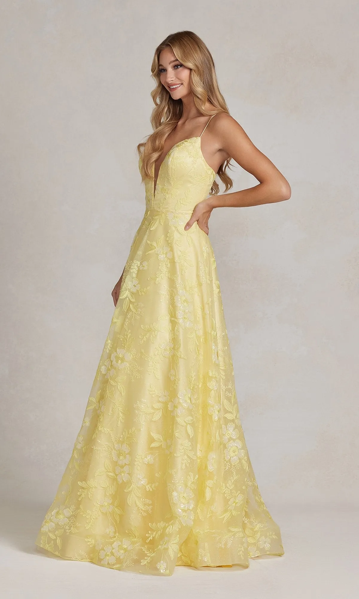 Long Yellow Prom Ball Gown with Plunging V-Neck sold by PromGirl product image thumbnail 4