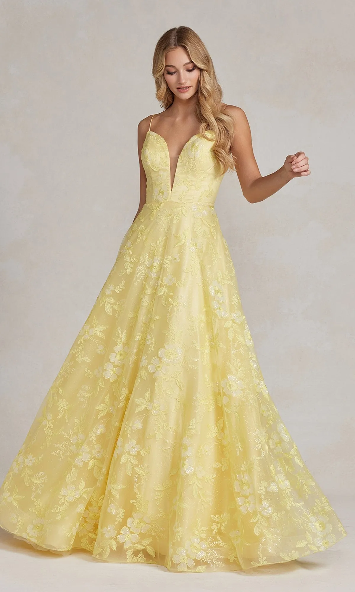 Long Yellow Prom Ball Gown with Plunging V-Neck sold by PromGirl product image thumbnail 3