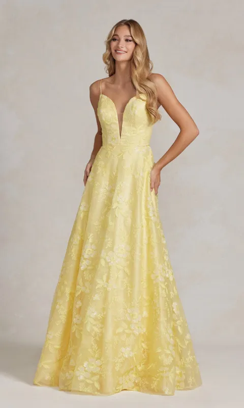 Long Yellow Prom Ball Gown with Plunging V-Neck sold by PromGirl