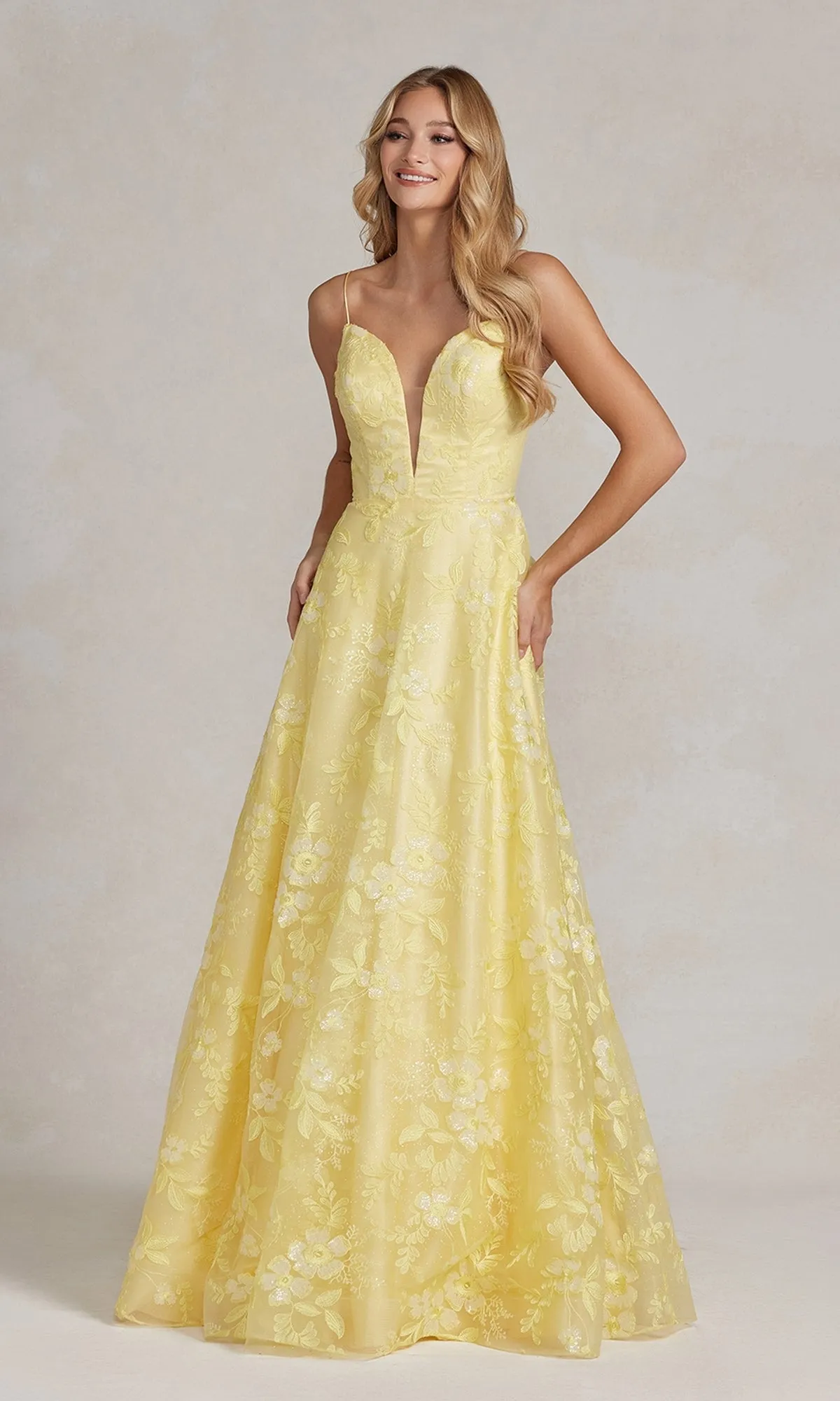 Long Yellow Prom Ball Gown with Plunging V-Neck sold by PromGirl