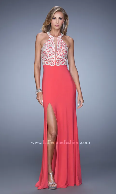 La Femme Embroidered-Bodice Open-Back Prom Dress sold by PromGirl