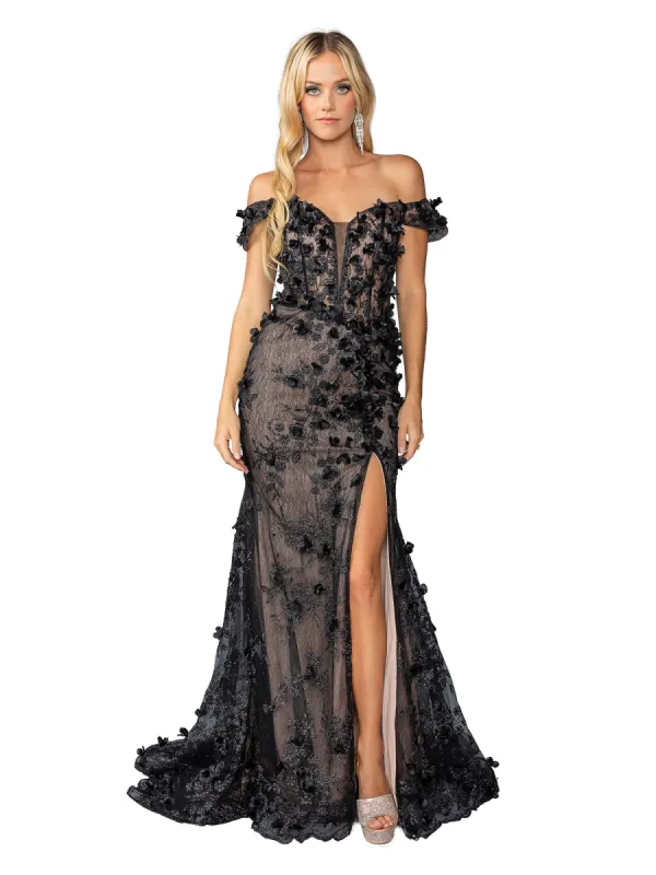 Long Black and Nude Prom Dress: Dancing Queen 4457 sold by PromGirl