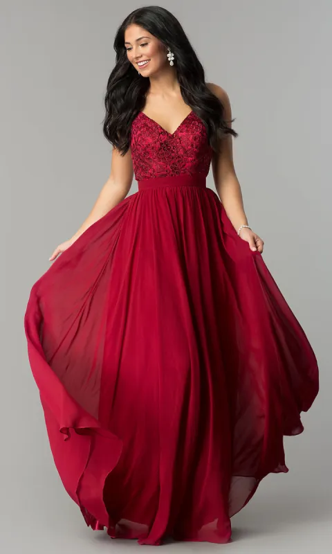 Long Burgundy Red Prom Dress with Embroidered Bodice sold by PromGirl