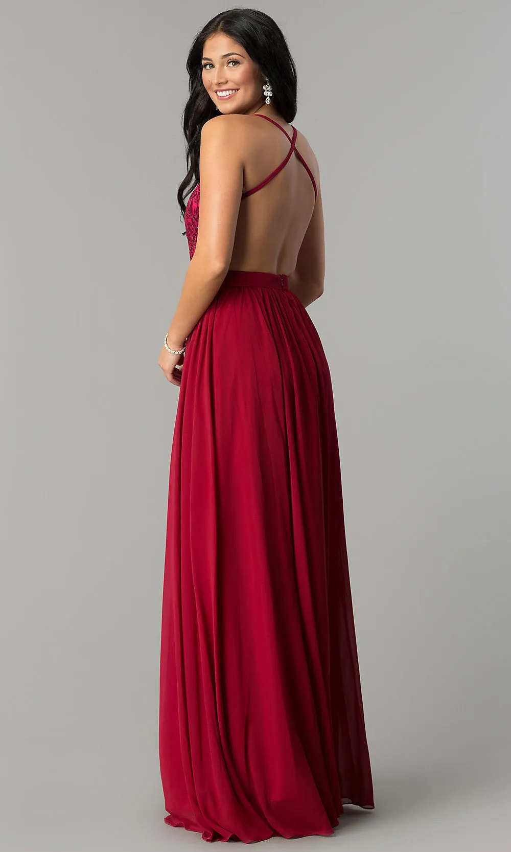 Long Burgundy Red Prom Dress with Embroidered Bodice sold by PromGirl product image thumbnail 2