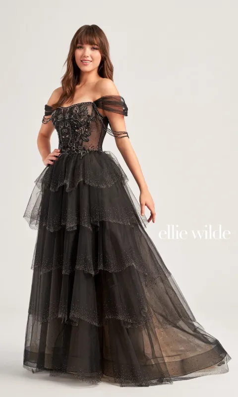 Ellie Wilde Tiered Off-Shoulder Ball Gown EW35040 sold by PromGirl