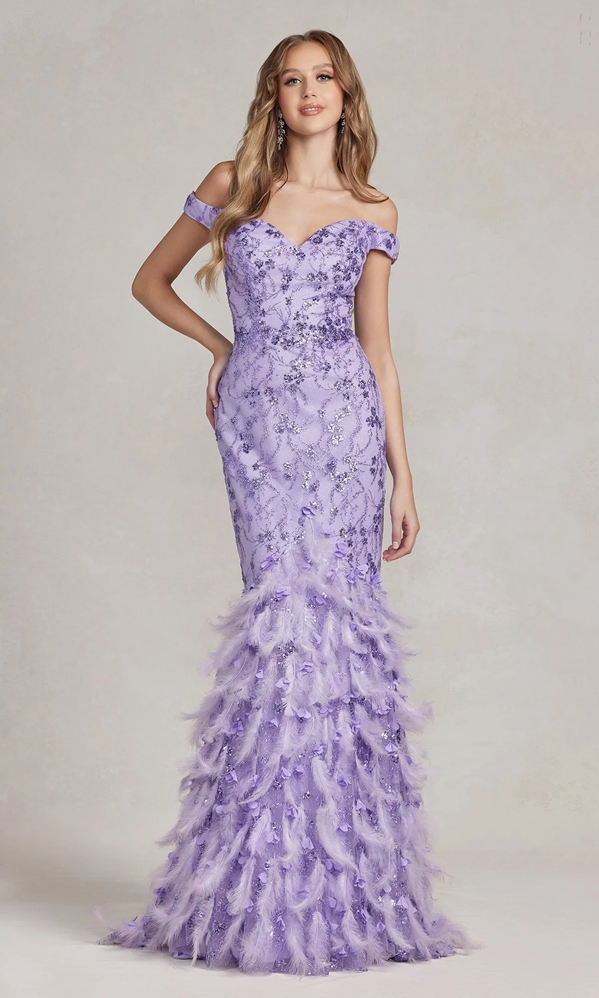 Off-Shoulder Glitter Prom Dress with Feather Skirt sold by PromGirl product image thumbnail 4