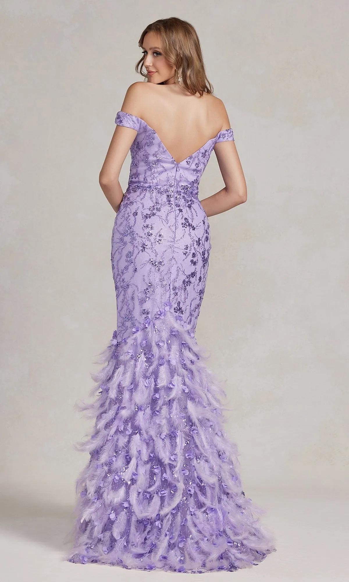 Off-Shoulder Glitter Prom Dress with Feather Skirt sold by PromGirl product image thumbnail 2