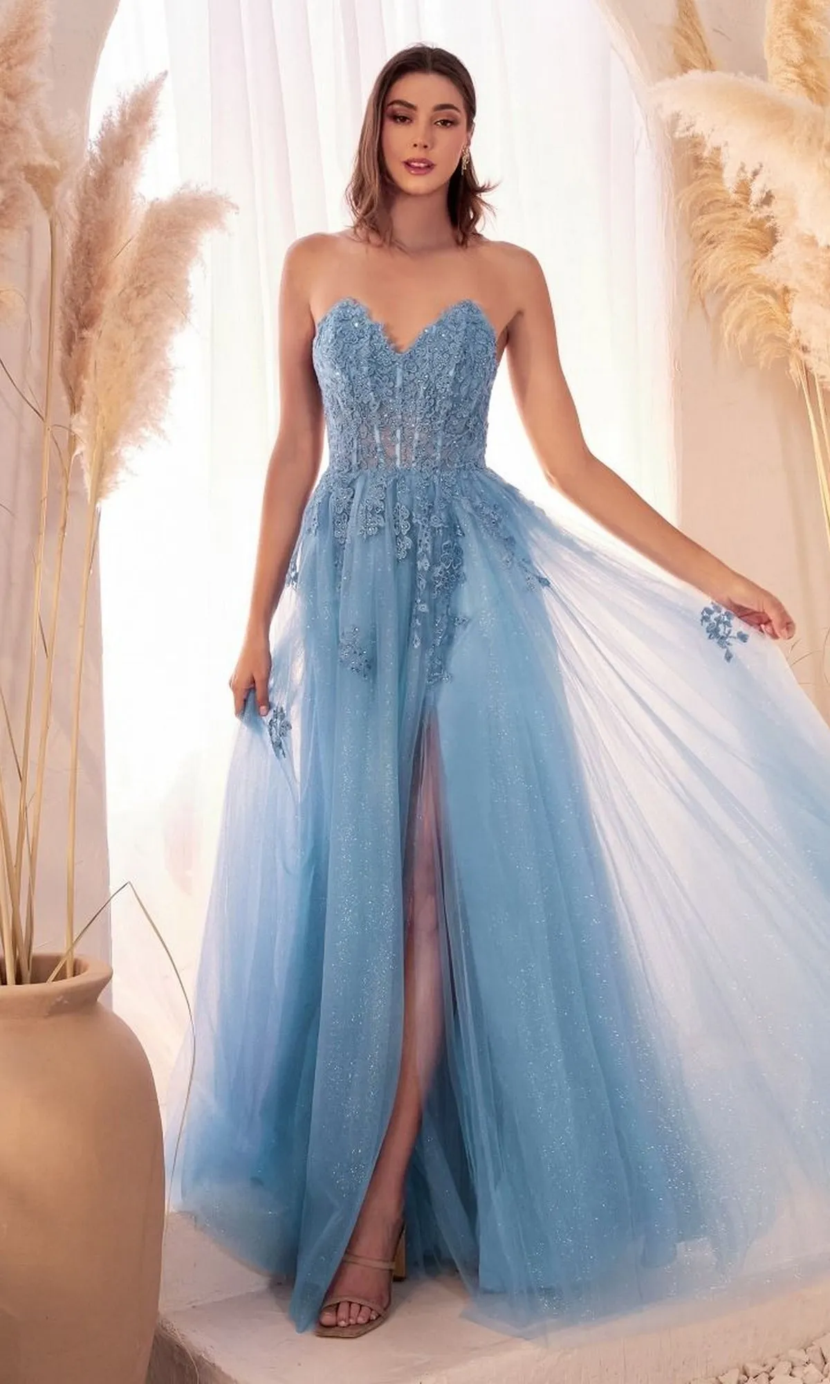 Strapless Long Glitter-Tulle Prom Ball Gown C148 sold by PromGirl