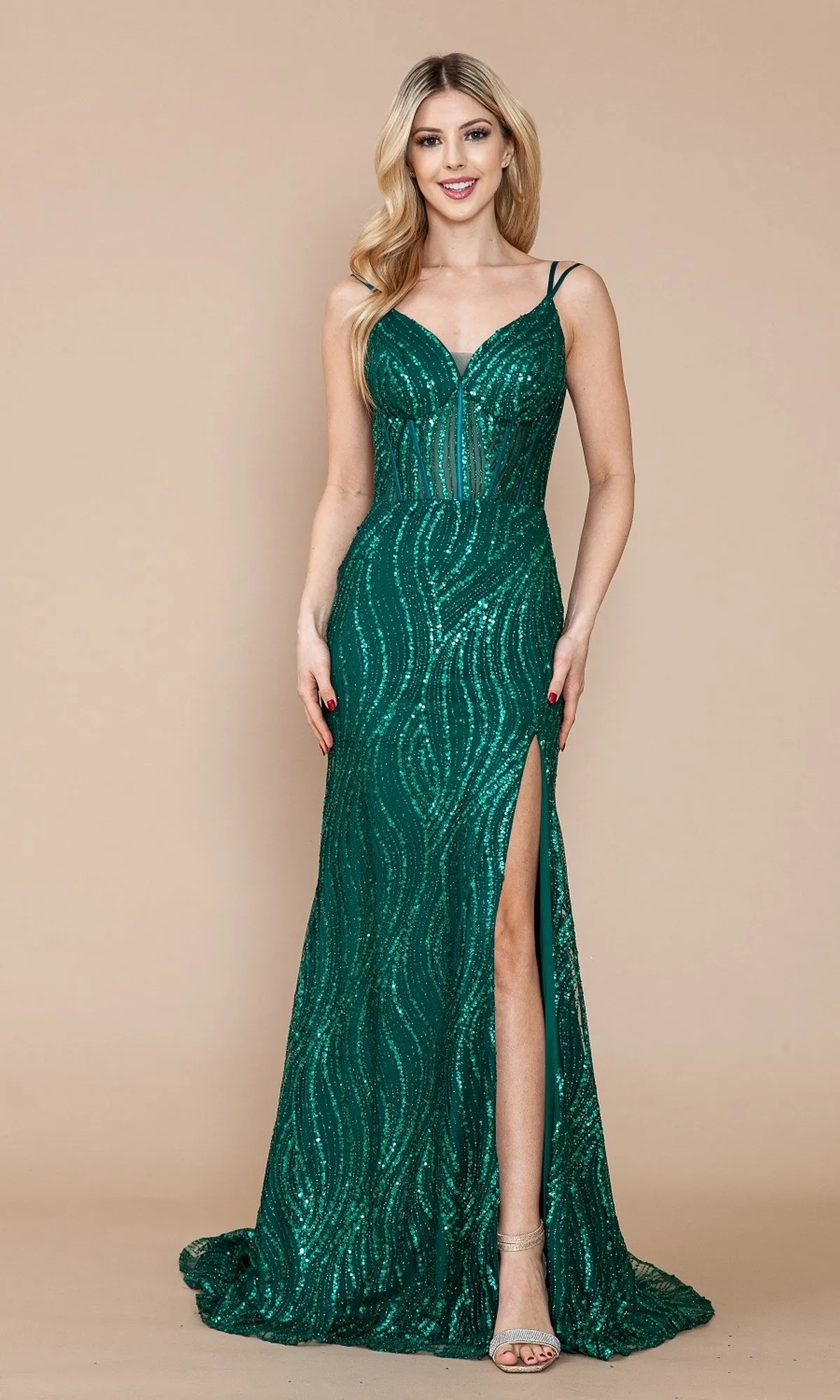 Sequin-Print Sheer-Waist Long Prom Dress 9400 sold by PromGirl product image thumbnail 3