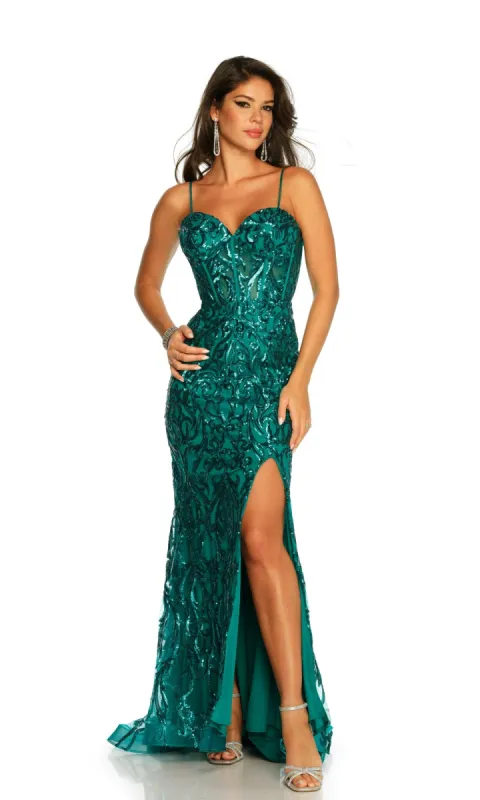 Dave and Johnny Long Green Sequin Prom Dress 11204 sold by PromGirl
