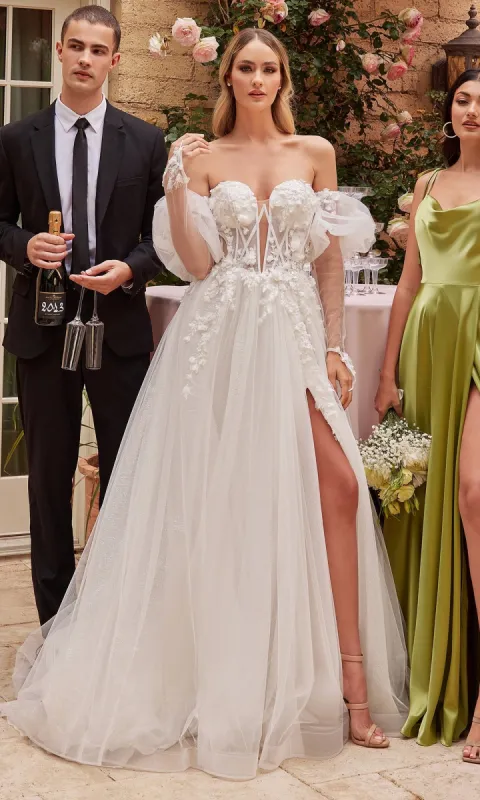Puff-Sleeve White Wedding Dress CD855W sold by PromGirl
