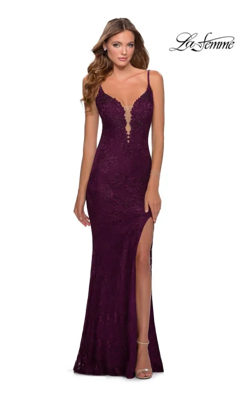 Deep V-Neck Long Lace Prom Dress: La Femme 28556 sold by PromGirl