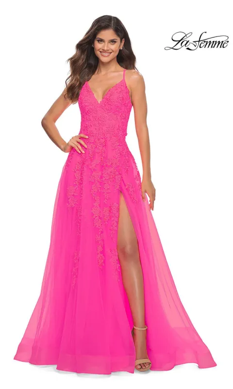 La Femme Neon Pink Long Embroidered Prom Dress made by La Femme