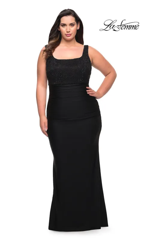 La Femme Lace-Bodice Long Black Plus Prom Dress sold by PromGirl