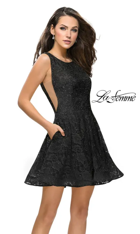 Short La Femme Lace Homecoming Dress with Pockets sold by PromGirl