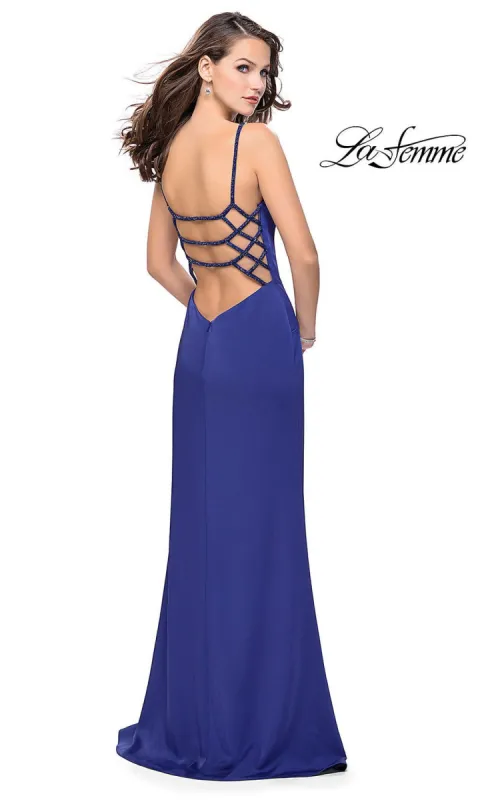 Beaded Open-Back Long La Femme Prom Dress with Slit sold by PromGirl