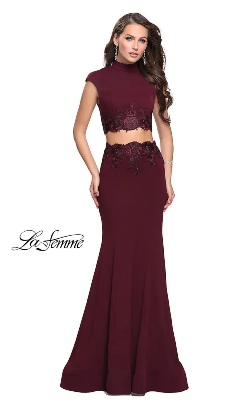 Long Jersey Two-Piece Mock-Neck Prom Dress sold by PromGirl