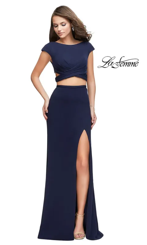 Two-Piece Open-Back Long La Femme Prom Dress with Slit sold by PromGirl