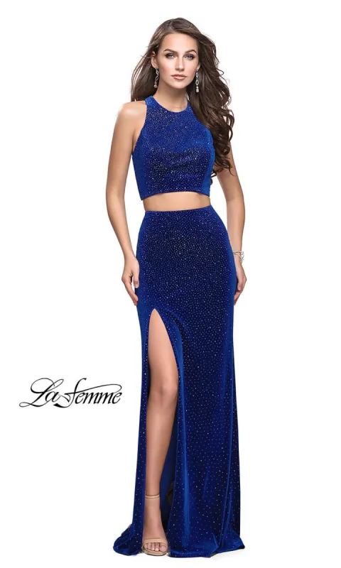Long Beaded Velvet Two-Piece Prom Dress sold by PromGirl