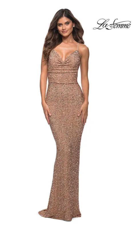 La Femme Tight Long Rose Gold Sequin Prom Dress sold by PromGirl