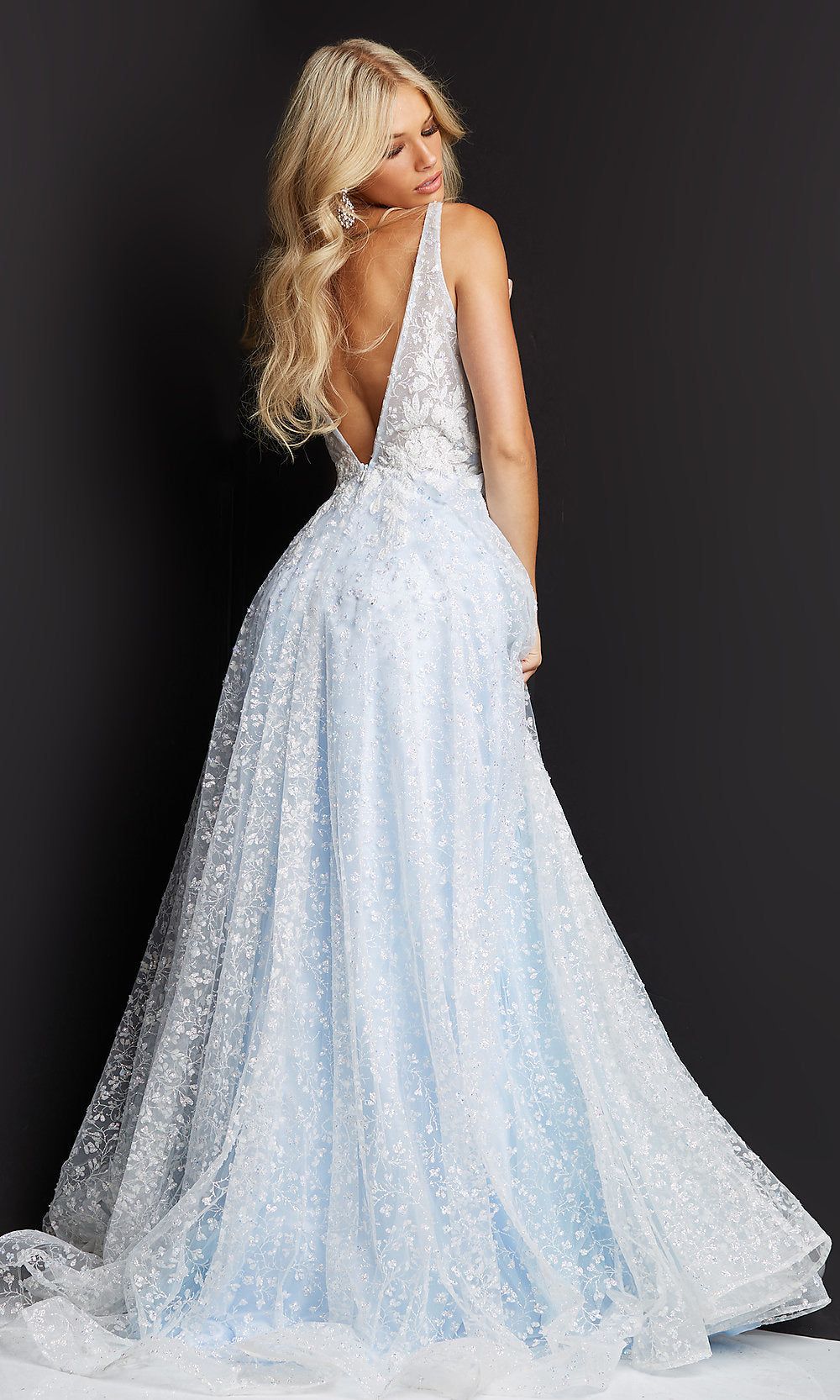 Light Blue JVN by Jovani Prom Ball Gown with Train sold by PromGirl product image thumbnail 2