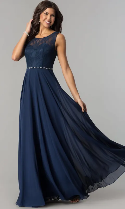 Lace-Bodice Long Chiffon Illusion-Neck Prom Dress sold by PromGirl