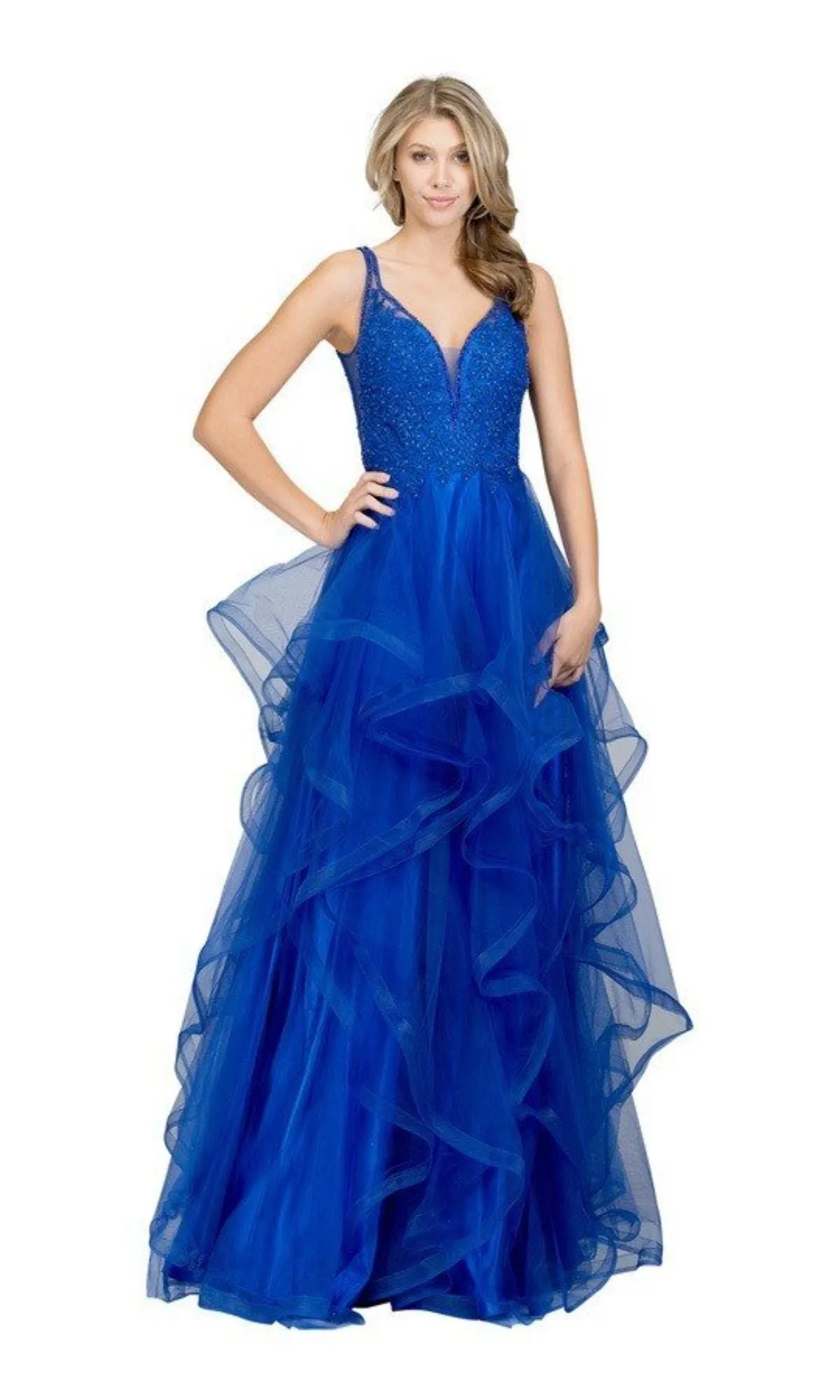 Sheer-Sides Long Tiered Prom Dress: Chicas XR6006 sold by PromGirl product image thumbnail 4
