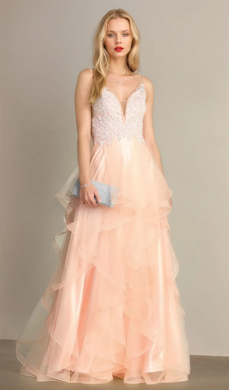 Sheer-Sides Long Tiered Prom Dress: Chicas XR6006 sold by PromGirl