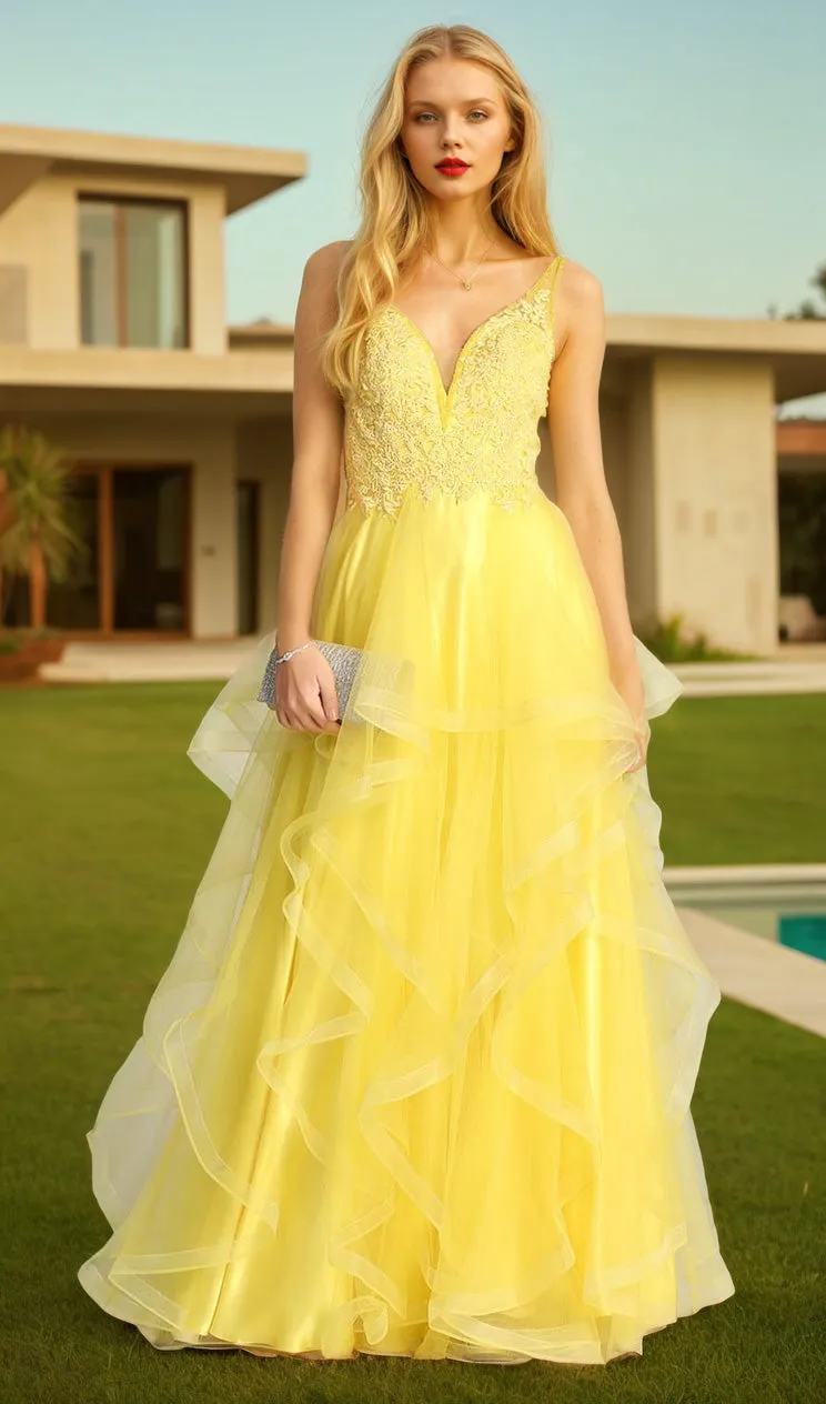 Sheer-Sides Long Tiered Prom Dress: Chicas XR6006 sold by PromGirl product image thumbnail 3