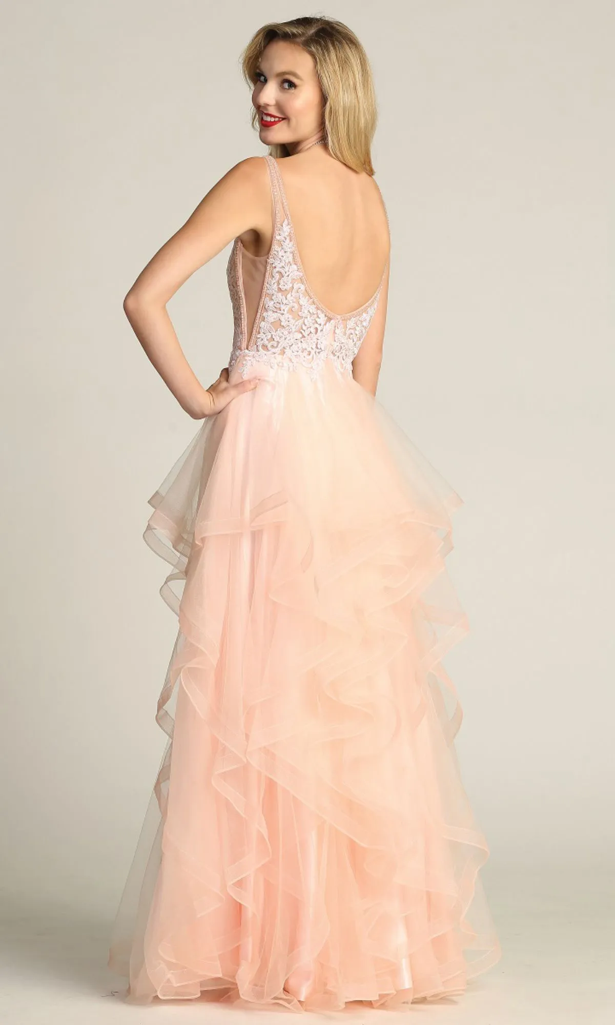 Sheer-Sides Long Tiered Prom Dress: Chicas XR6006 sold by PromGirl product image thumbnail 2