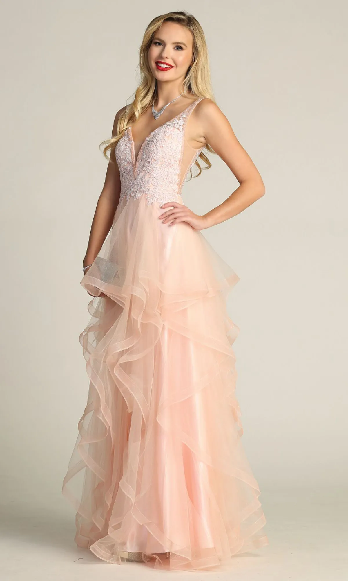 Sheer-Sides Long Tiered Prom Dress: Chicas XR6006 sold by PromGirl product image thumbnail 5