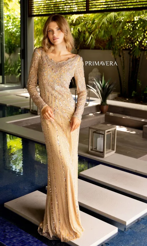 Primavera Long Sleeve Beaded Formal Dress 12103 sold by PromGirl