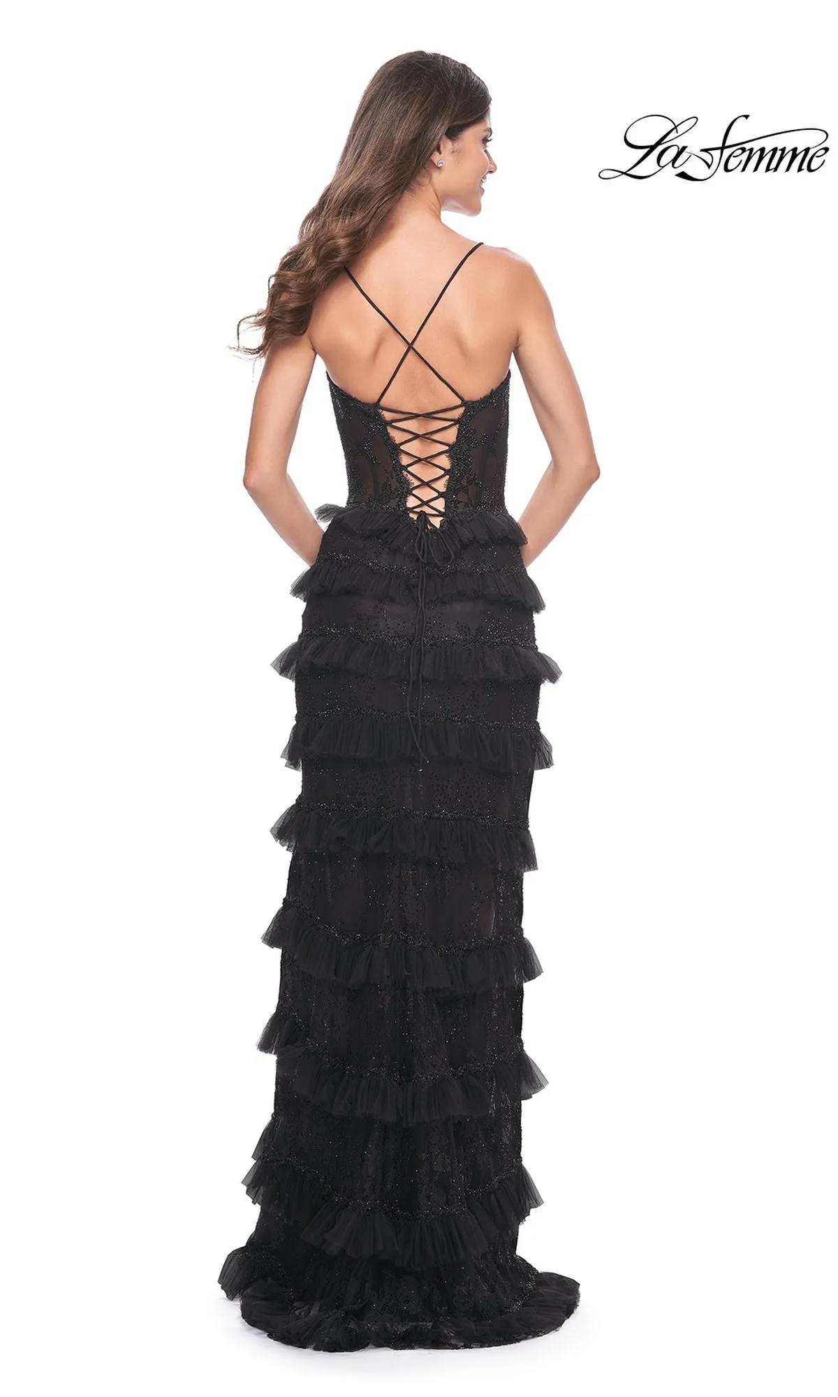 La Femme Long Black Ruffled Prom Dress 32113 sold by PromGirl product image thumbnail 2