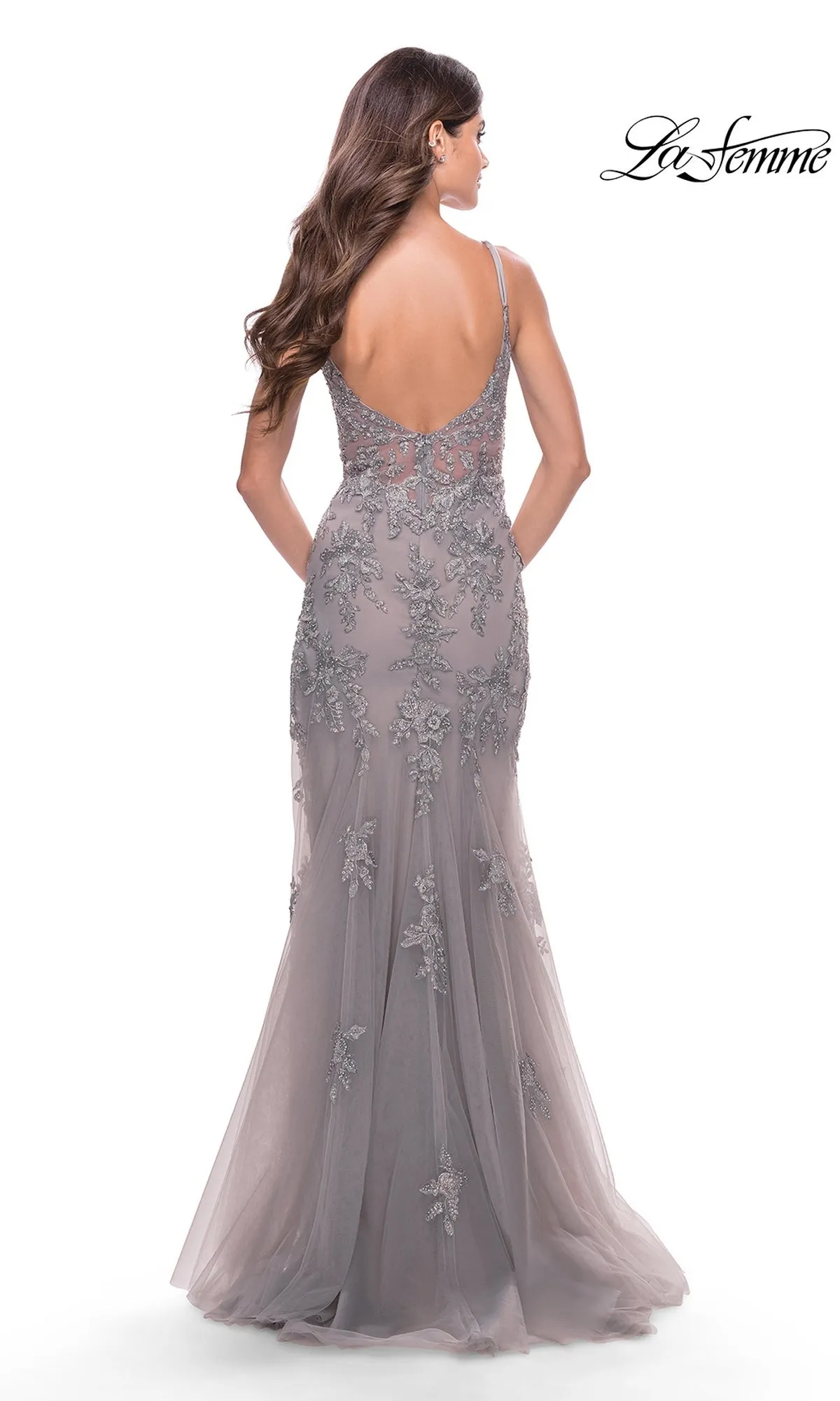 La Femme Long Lace Prom Dress with Sheer Bodice sold by PromGirl product image thumbnail 2