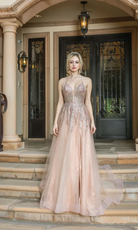 Rose Gold Long A-Line Formal Prom Dress 4226 sold by PromGirl