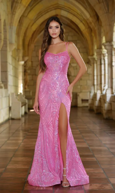 Strappy Bright Pink Long Sequin Formal Dress 38850 sold by PromGirl