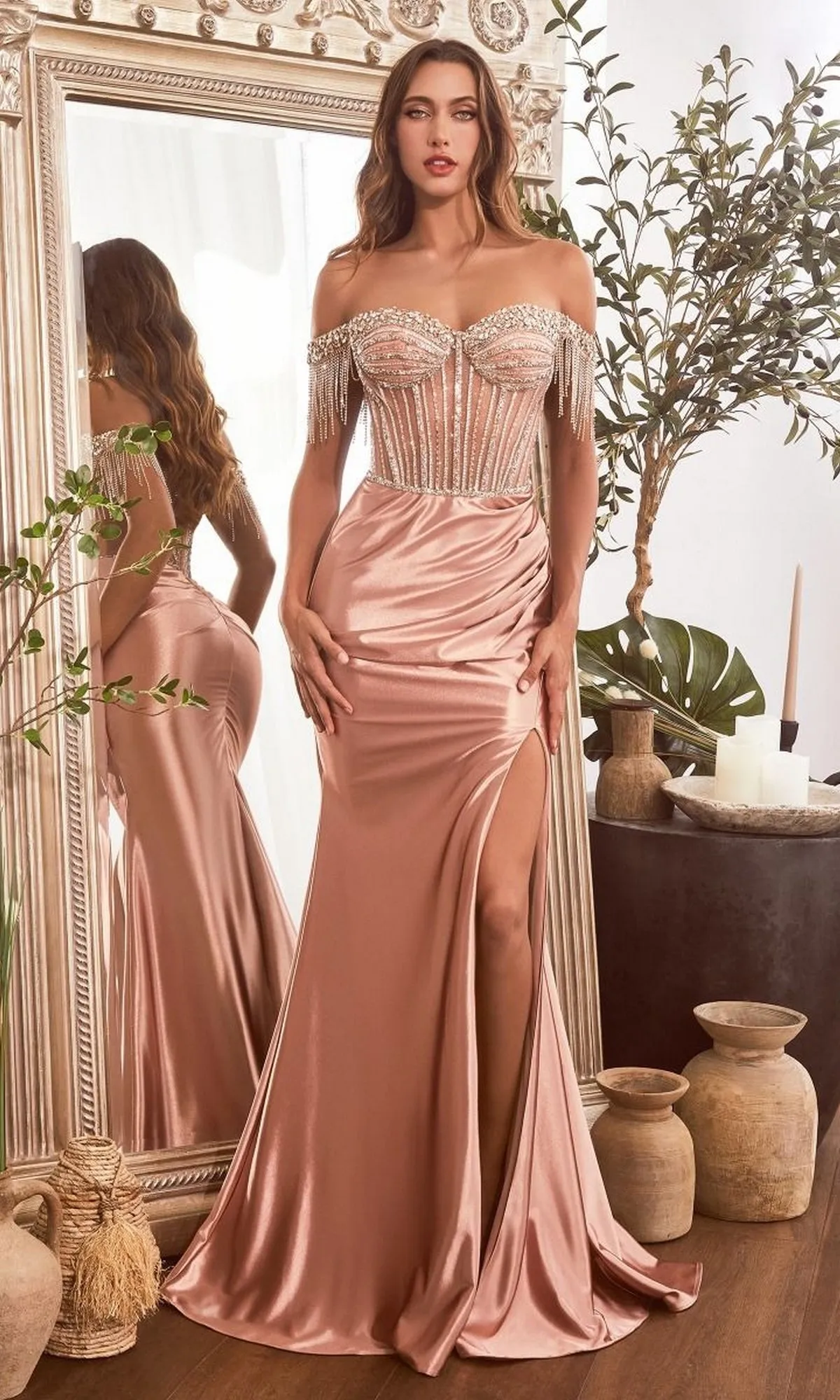Beaded-Fringe Long Prom Gown: Ladivine CD821 sold by PromGirl product image thumbnail 3