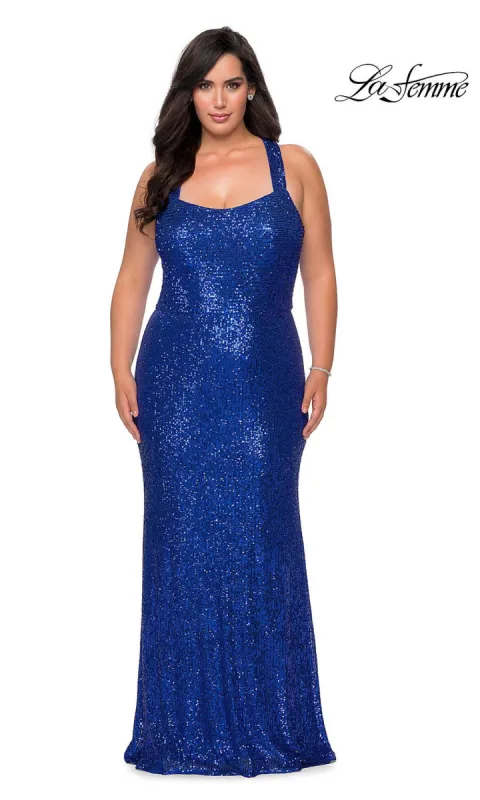 La Femme Plus-Size Sequin X-Back Long Prom Dress sold by PromGirl