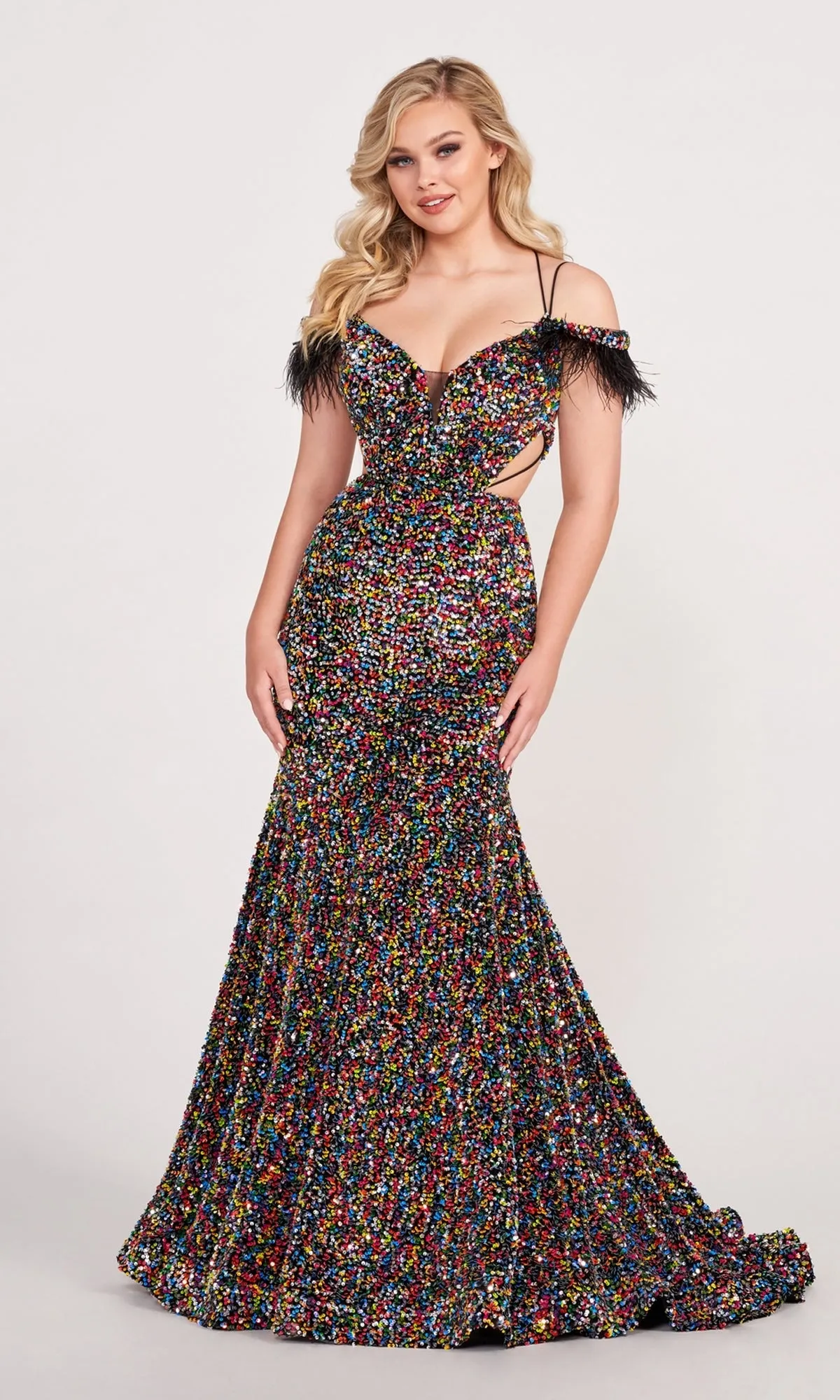 Long Sequin Cut-Out Prom Dress with Feathers sold by PromGirl product image thumbnail 4