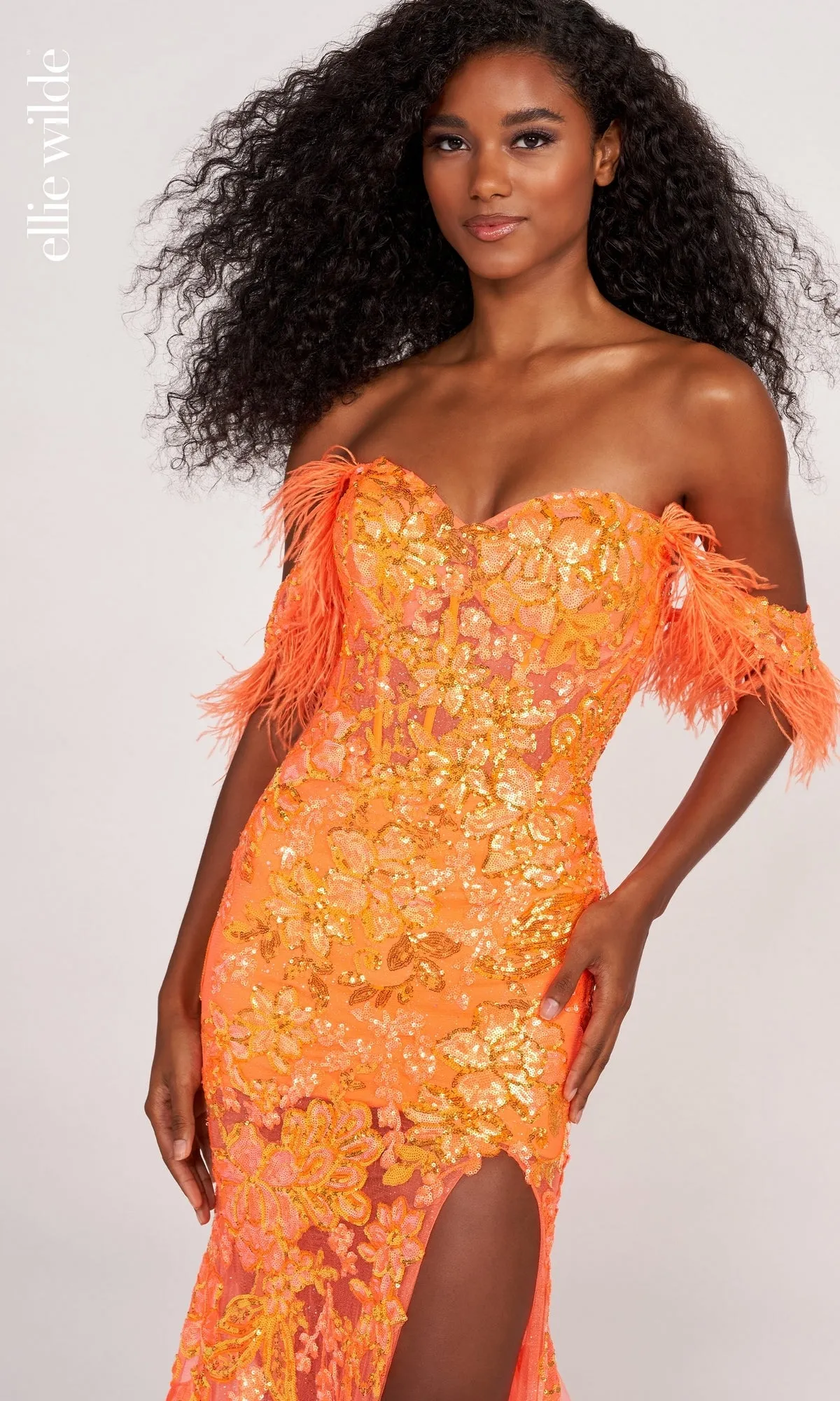 Feather-Trim Off-Shoulder Long Sequin Prom Dress sold by PromGirl product image thumbnail 3