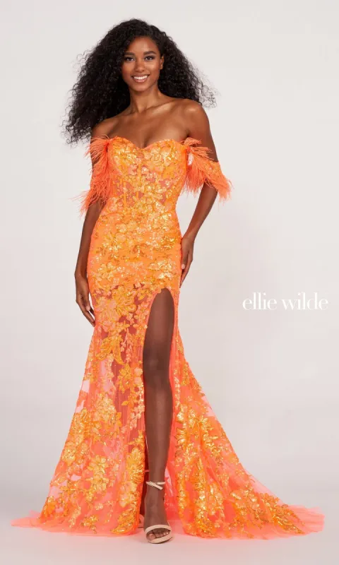 Feather-Trim Off-Shoulder Long Sequin Prom Dress sold by PromGirl