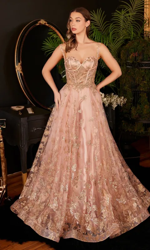 Butterfly-Print Long Corset Prom Ball Gown CB102 sold by PromGirl