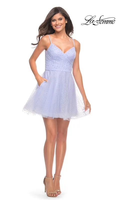 Rhinestone Short Navy La Femme Homecoming Dress sold by PromGirl