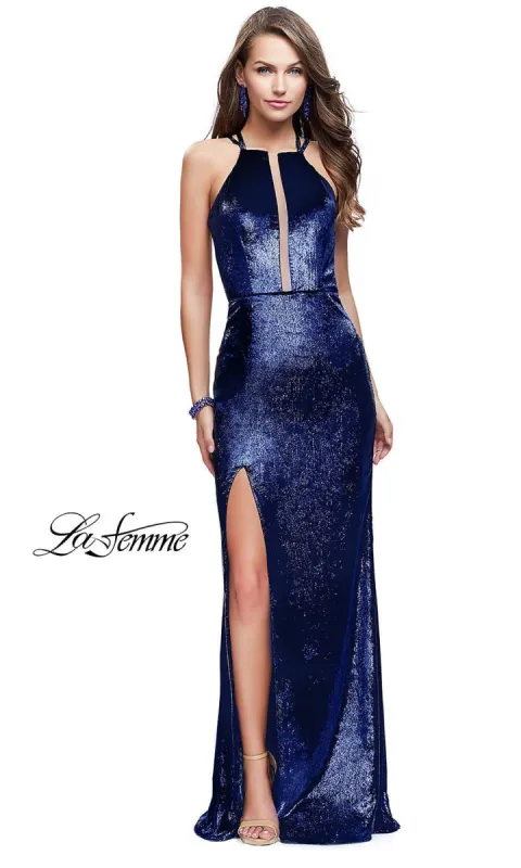 Open-Back Long La Femme Velvet Prom Dress sold by PromGirl