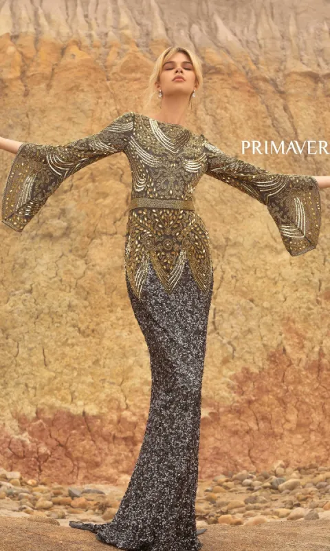 Long Beaded Formal Gown with Long Bell Sleeves sold by PromGirl