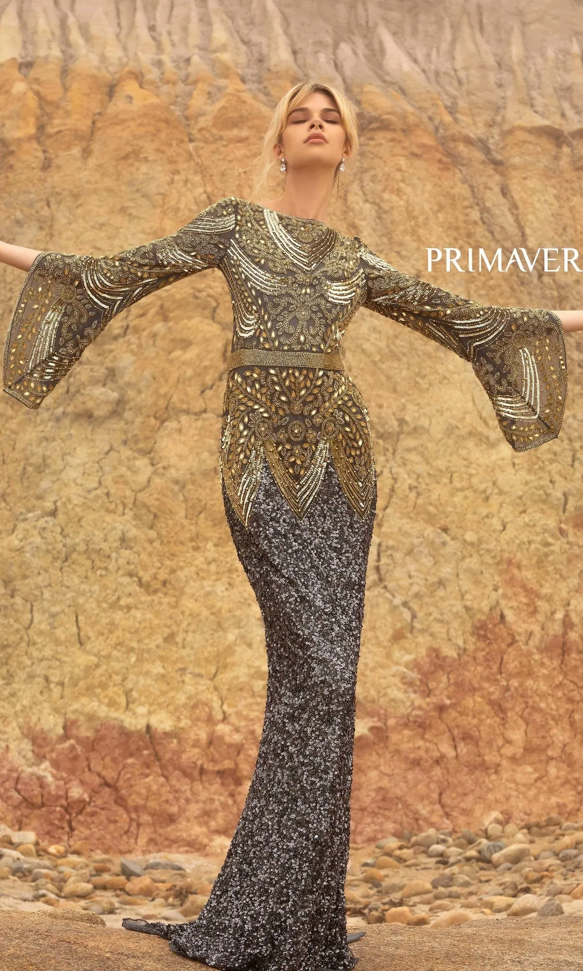 Long Beaded Formal Gown with Long Bell Sleeves sold by PromGirl