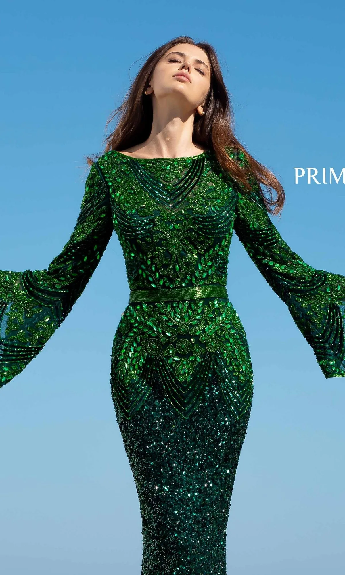 Long Beaded Formal Gown with Long Bell Sleeves sold by PromGirl product image thumbnail 4