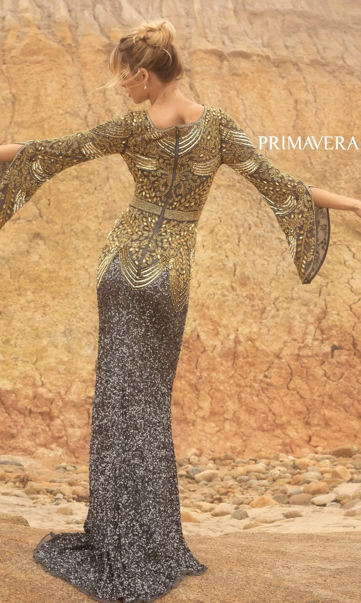 Long Beaded Formal Gown with Long Bell Sleeves sold by PromGirl product image thumbnail 2