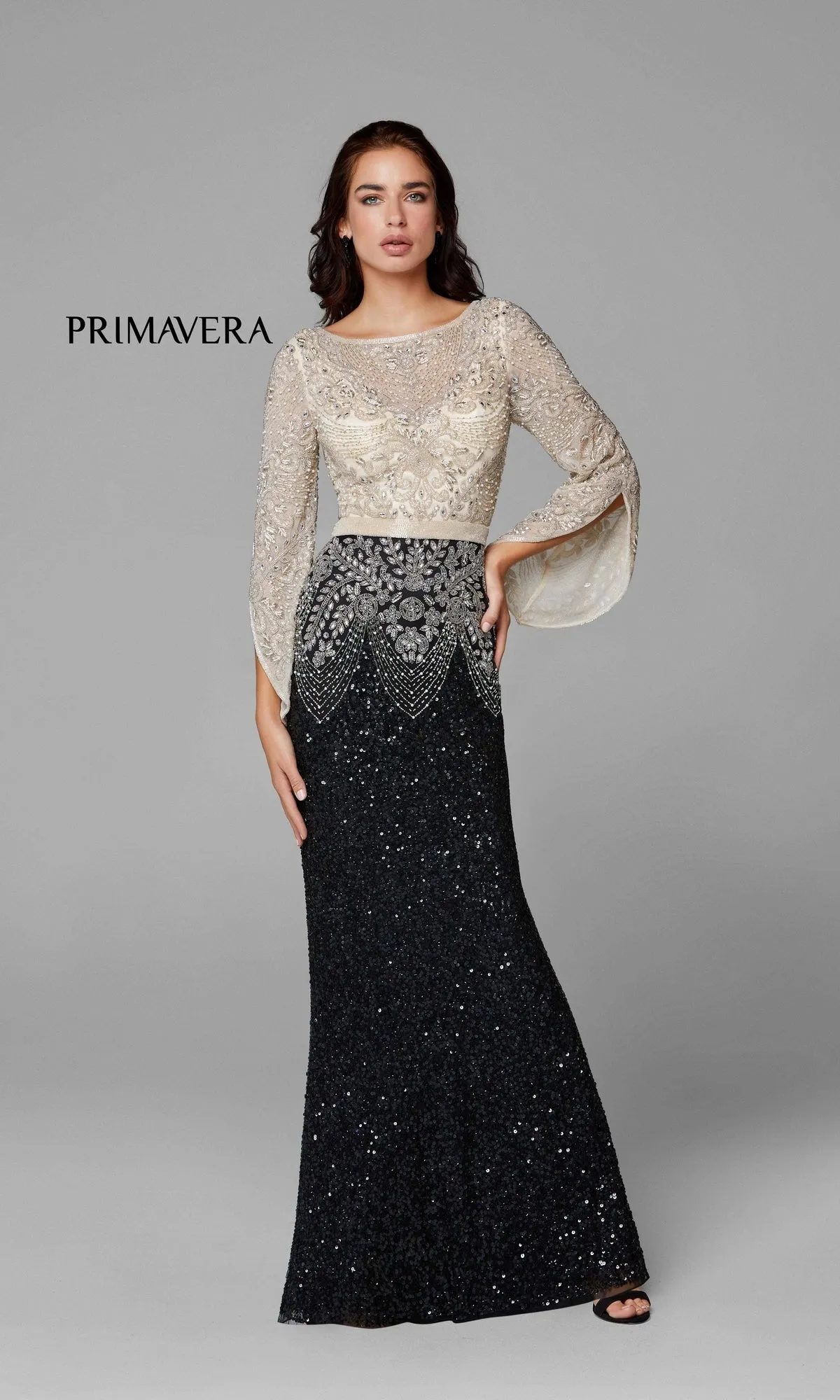 Long Beaded Formal Gown with Long Bell Sleeves sold by PromGirl product image thumbnail 5