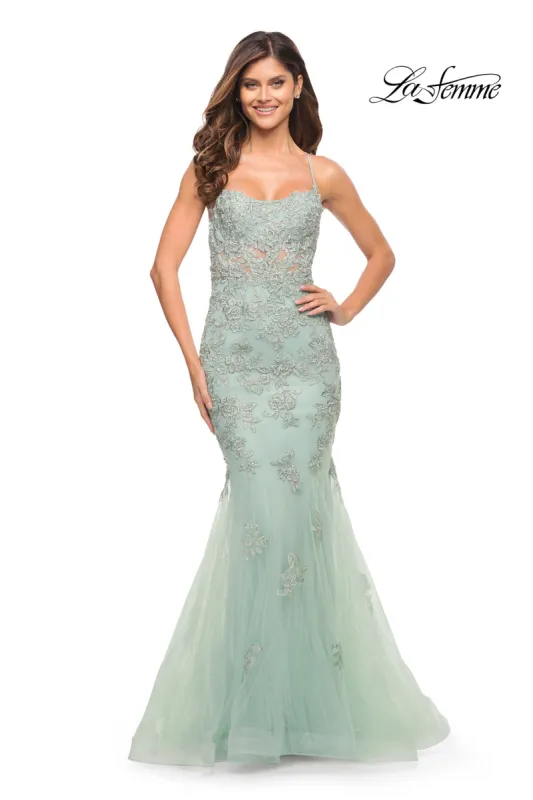 La Femme Long Lace Designer Mermaid Prom Dress sold by PromGirl